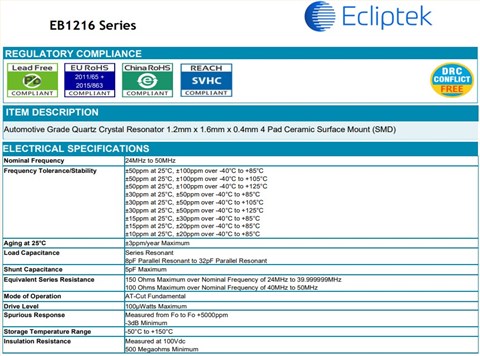 EB1216JA10-24.000M TR,Ecliptek超小型晶振,1612mm,智能手機(jī)晶振